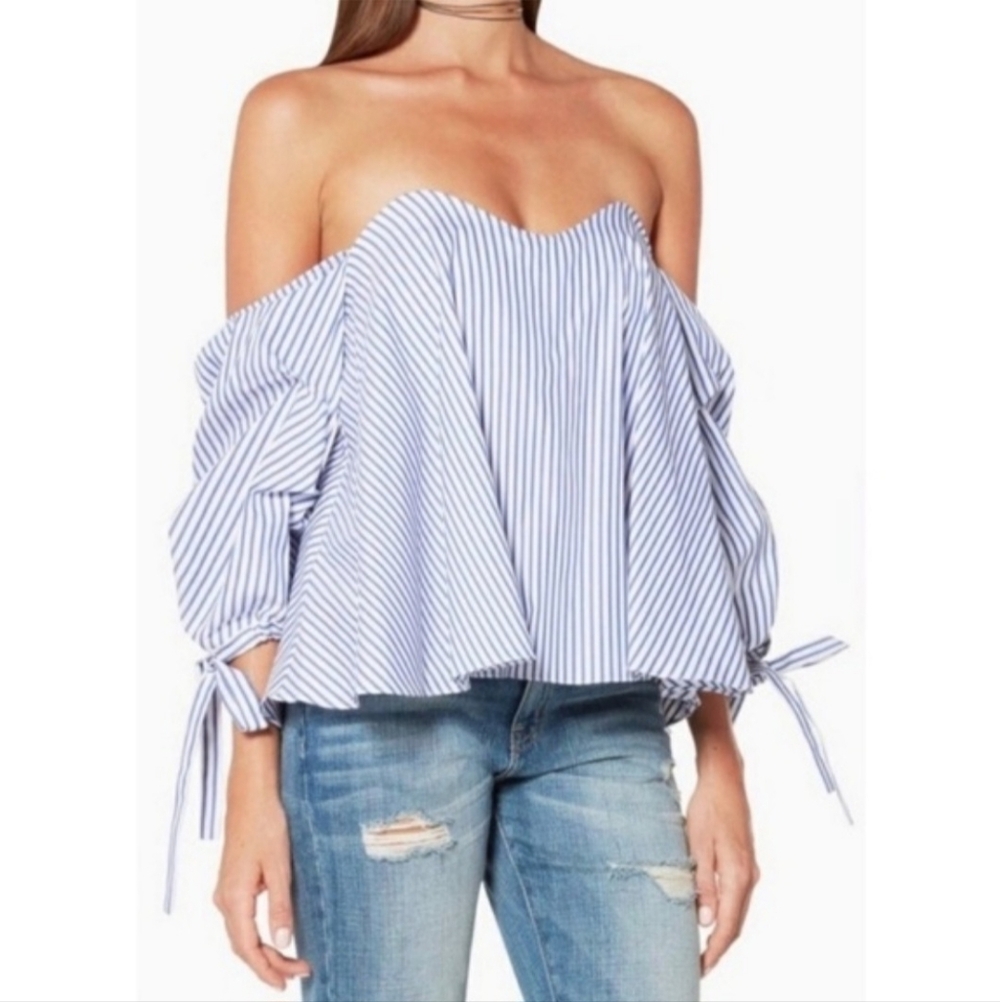 Caroline Constas Striped Blue and White Off Shoulder Top - L